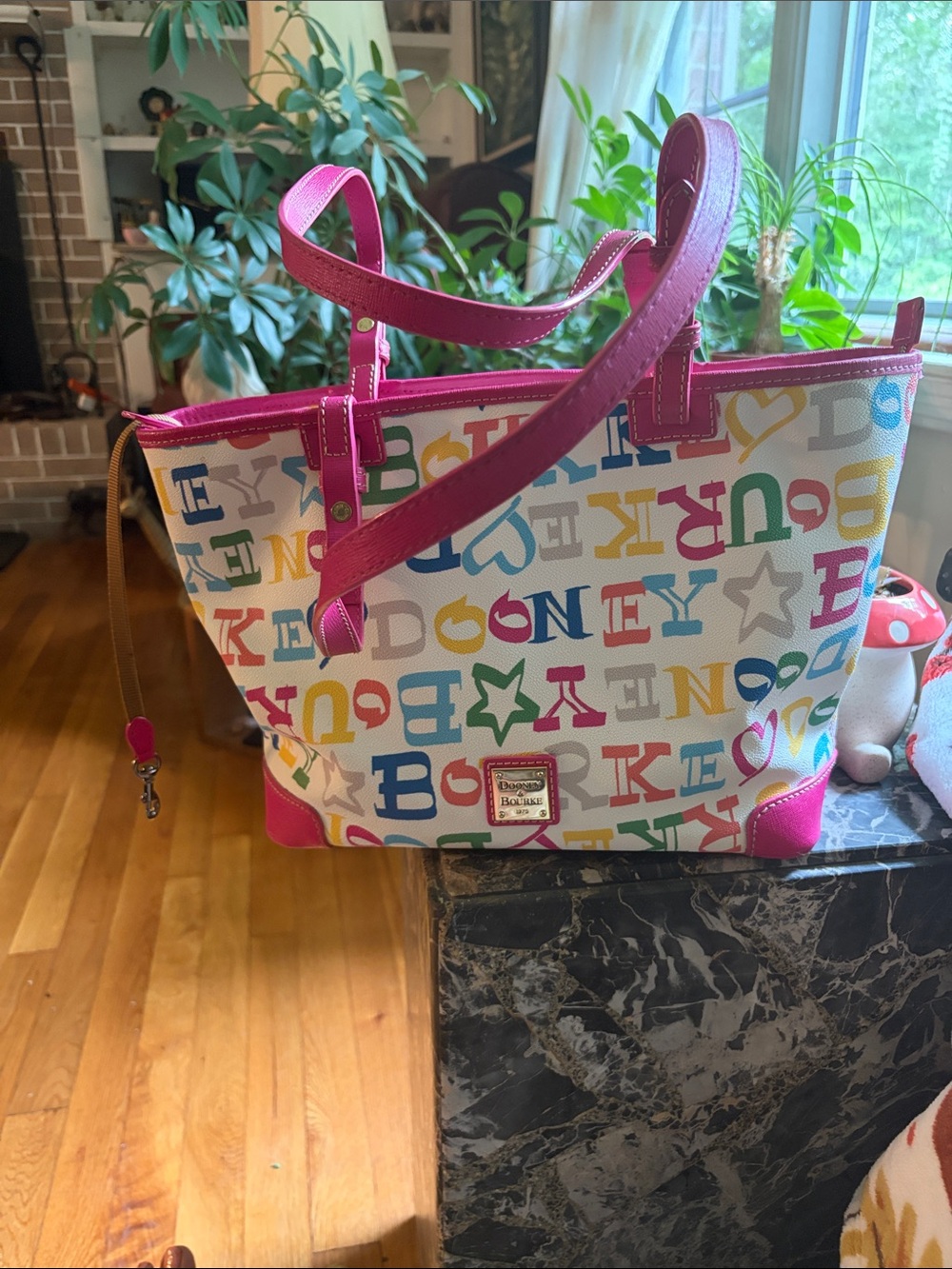 Dooney & Bourke Multicolor Logo Tote with Pink Trim